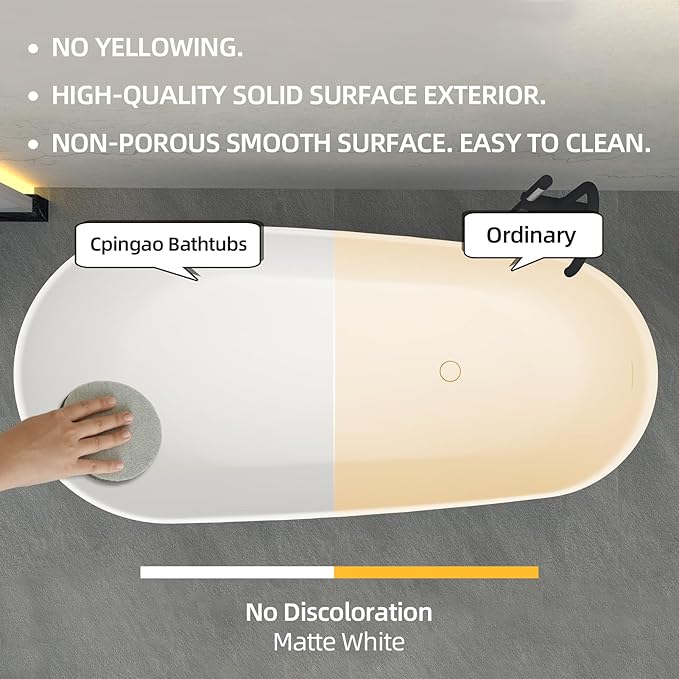Cpingao 63" Stone Resin Solid Surface Freestanding Bathtub, Modern Stand Alone Soaking Tub with Overflow and Pop Up Drain, One-Piece Molding Matte White 8828-1600