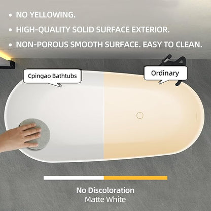Cpingao 59" Solid Surface Freestanding Bathtub, Contemporary Oval Stone Resin Stand Alone Soaking Tub with Overflow and Pop Up Drain, One-Piece Molding Matte White 8828-1500