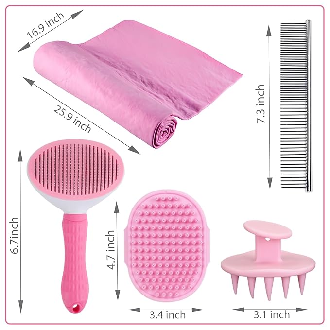 Dog Bath Brush Bathing Kit 5PCS - Pet Washing Brush, Dog Brush for Shorted Haired Dogs, Dog Scrubber for Bath, Scalp Scrubber Hair Bath Brush Set Pink