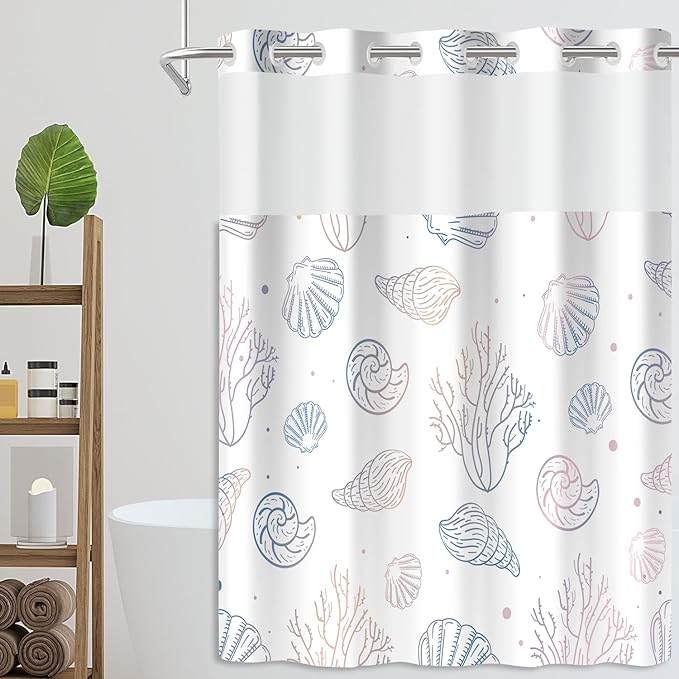 No Hook Shower Curtain Set with Snap in Fabric Liner for Bathroom,with See Through Top Window,Double Shower Curtain with Detachable Liner Replacement,Machine Washable,Ocean Shell,71"x 74"