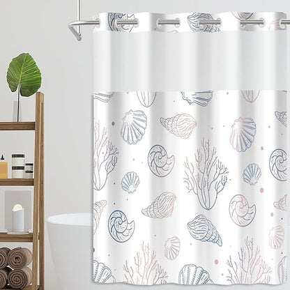 No Hook Shower Curtain Set with Snap in Fabric Liner for Bathroom,with See Through Top Window,Double Shower Curtain with Detachable Liner Replacement,Machine Washable,Ocean Shell,71"x 74"