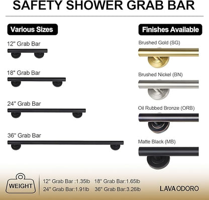Lava Odoro Shower Grab Bar, Modern Stainless Steel Handicap Grab Bar for Bathtubs and Showers, Shower Safety Bar for Seniors Disabled, ADA-Compliant (Matte Black, 12 Inch)