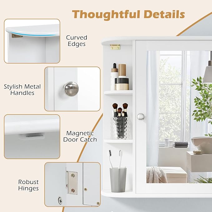 RELAX4LIFE Bathroom Wall Cabinet with Mirror - Medicine Cabinet w/Door & Open Shelves, Over The Toilet Storage Cabinet Organizer, Mirrored Bathroom Cabinet Wall Mount (White)