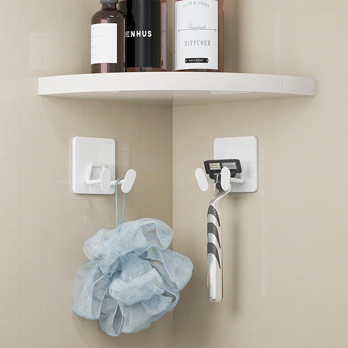 Adhesive Shower Hooks for Bathroom - Extra Sticky Stainless, Wall Hooks for Hanging Towel, Razor, Loofah, Robe, Coat, Heavy Duty Hanger for Kitchen, Bedroom, Door, Metal, Matt White, 6 Pack