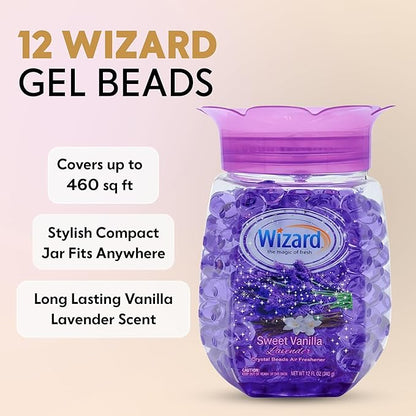 12 WIZARD Odor Eliminator Gel Beads - 12 oz, Air Freshners For Bathroom. Rooms, Per Areas and Car Freshner - Sweet Vanilla Lavender