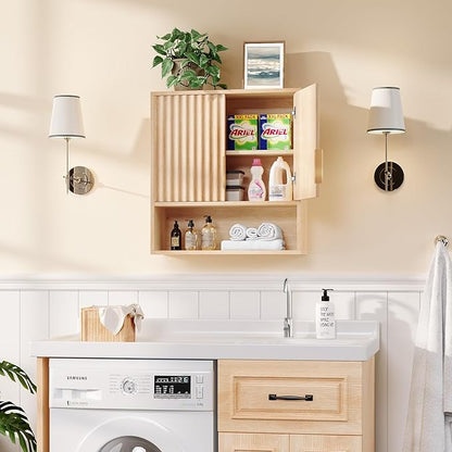 VINGLI Fluted Modern Medicine Cabinet,Bathroom Wall Cabinet Over Toilet Storage, Upper Floating Countertop Storage for Bathroom, Laundry Room,Small Hanging Kitchen Wall Cabinets (Natural Oak Color)