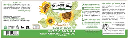 VERMONT SOAP , Natural body wash with Shea Butter, Mild Gel for Moisturizing and Soothing Skin, Fragrance Free for Women & Men (Sage Lime Wisdom, 64oz)