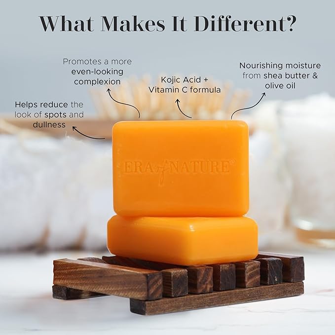era of nature Turmeric Kojic Acid Soap with Vitamin C – Gentle Brightening Bar for Face Underarms Bikini Area and Body – Moisturizing Shea Butter – 2 Pack 200g