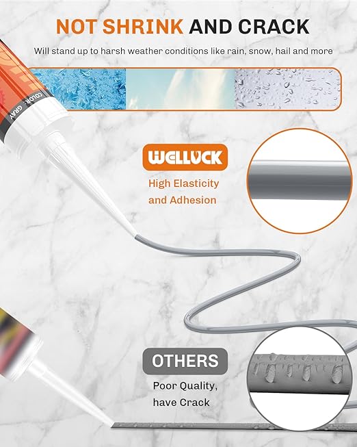 WELLUCK Grey Silicone Caulk, 100% Waterproof Silicone Sealant Adhesive Caulking,for RV, Kitchen,Bathroom, Window, Door, Glass,10.2FL.OZ/300ML（1 Pack）