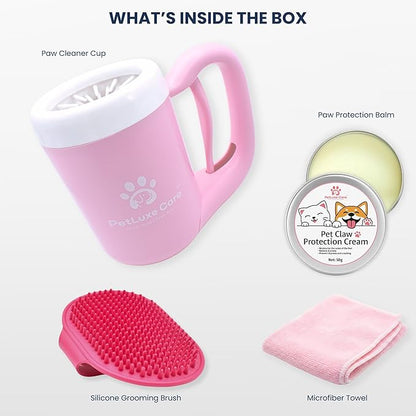 Dog Paw Cleaner Kit - Includes Paw Washer Cup, Towel, Pet Bath Brush & Moisturizing Balm - Dog Foot Washer for Muddy Paws, ideal for Small & Medium Dogs (Pink, Medium)