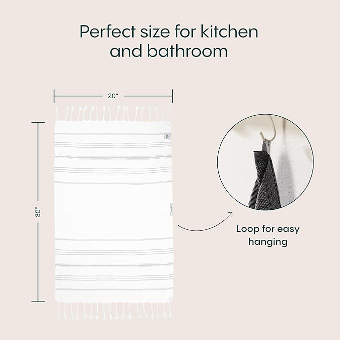 WETCAT Turkish Hand Towels with Hanging Loop, Set of 2 (20" x 30") 100% Turkish Cotton, Pre-Washed, Quick Drying, for Kitchen or Bathroom - Grey & White