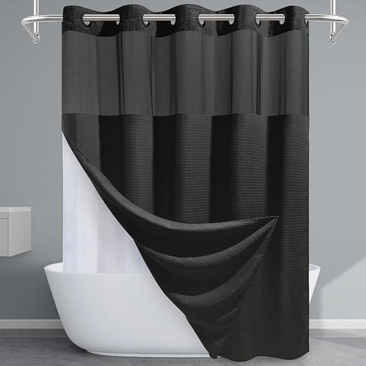 Black Long Shower Curtain with Liner - 230GSM Waffle Textured Heavy Duty Shower Curtains for Bathroom,71W x 86H