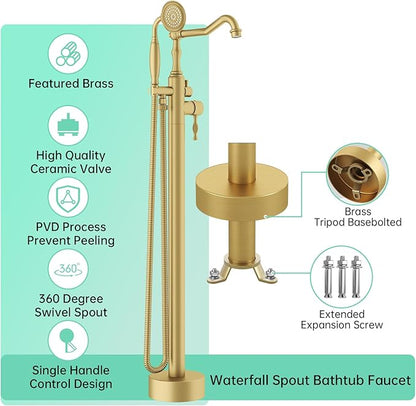 Hoimpro Free Standing Tub Faucet Freestanding Tub Filler Bathtub Faucet Stand Alone Floor Mounted Bathtub Faucet Set Handheld Sprayer Brass Brushed Gold
