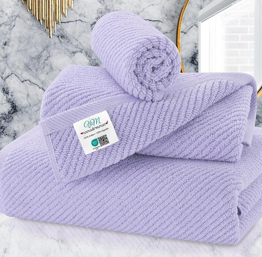 VOOVA & MOVAS Towels for Bathroom, 100% Cotton | Quick Dry | Soft | Thick | Large, 3 Piece Towel Set, 1 Large Bath 30"x56", 1 Hand 18"x28", 1 Wash Cloth 13" x 13", Bathroom Essentials, Lilac | Purple
