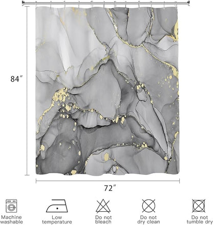Extra Long Shower Curtain 72 x 84 Inch, Grey Tall Abstract Marble Shower Curtains for Bathroom, Modern Luxury Art Decor Ink Texture Fabric Shower Curtain Set with Hooks