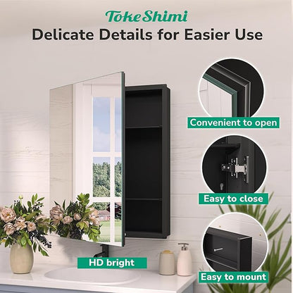 TokeShimi 24 x 32 Mirrored Medicine Cabinet Recessed or Surface Mount, Aluminum Tempered Bathroom Medicine Cabinet with Mirror with Storage Black Stepless Adjustable Metal Shelves Farmhouse