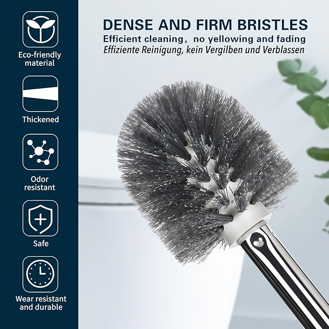Toilet Bowl Brush and Holder 2 Pack Long Handle Toilet Brush for Bathroom with Separate Base for Floor and Wall Mounted Plastic Toilet Brush Set Under The Rim Household Cleaning (White)