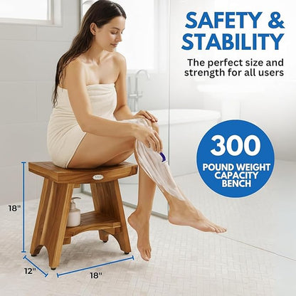 EcoDecors Teak Shower Bench 18", 300 lb Capacity – Waterproof Wood Bath Seat with Shelf, Spa Seating for Adults – Compact Fit for Small Bathrooms & Walk-in Showers – Slip-Resistant Feet