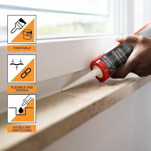 Adhesive Guru AG530 Siliconized Acrylic Sealant (12x10.5 fl oz), Waterproof Paintable Caulk for Bathtubs, Windows, Showers, Indoor Outdoor Caulking Weatherproof, White - 12 Pack