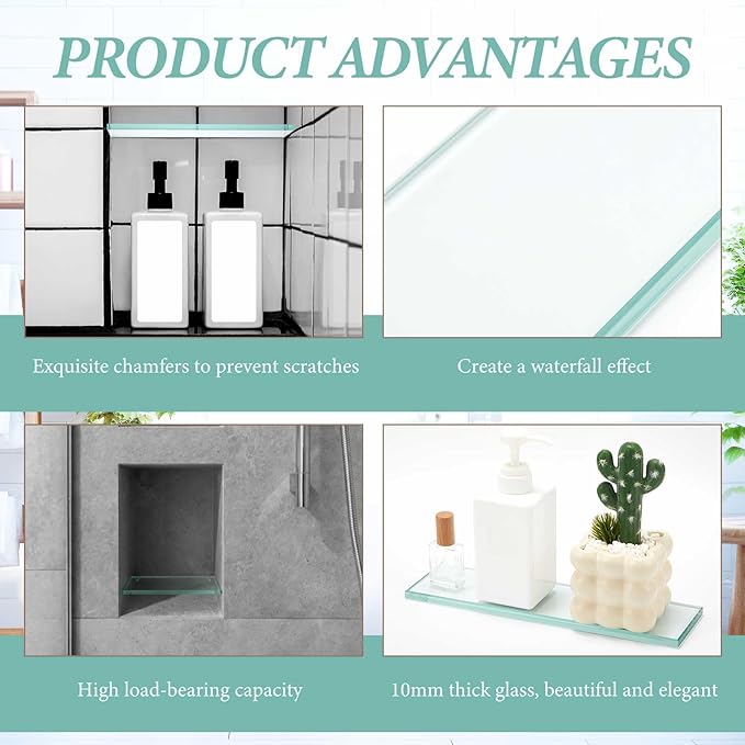 1 Pcs 3-3/8" x 12" 3/8" Glass Shelf for Shower Niche, Tempered Glass Shelf Floating Shelves for Bathroom Essentials DIY Storage Decoration, Easy Install Support Plate