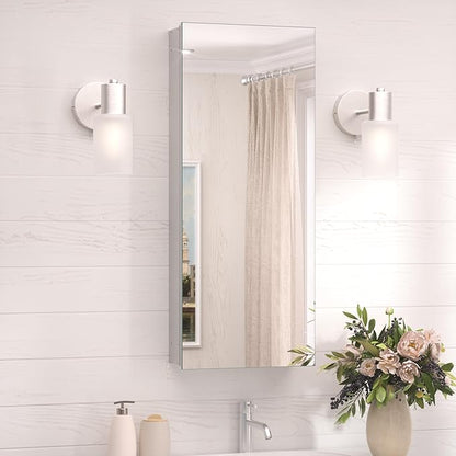 TokeShimi 15 x 36 Farmhouse Medicine Cabinet Recessed or Surface Mount Aluminum, Mirror with Stepless Adjustable Storage, Silver Bathroom Mirror Medicine Cabinet Frameless Metal Modern