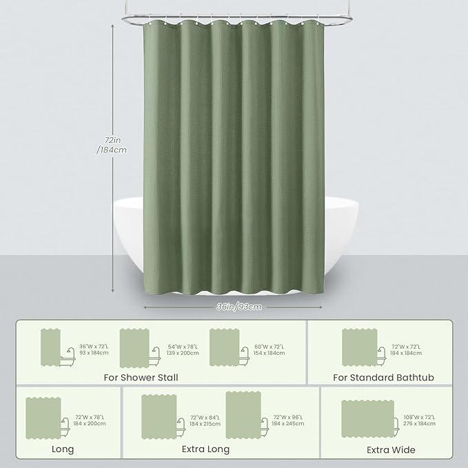 Inhousolu Fabric Shower Curtain Waffle Weave, Sage Green 230 GSM Heavy Duty, Weighted Hem, 8 Metal Hooks, Water Repellent, Machine Washable, Hotel Spa Luxury Bath Curtain Set, 36 x 72 Inch