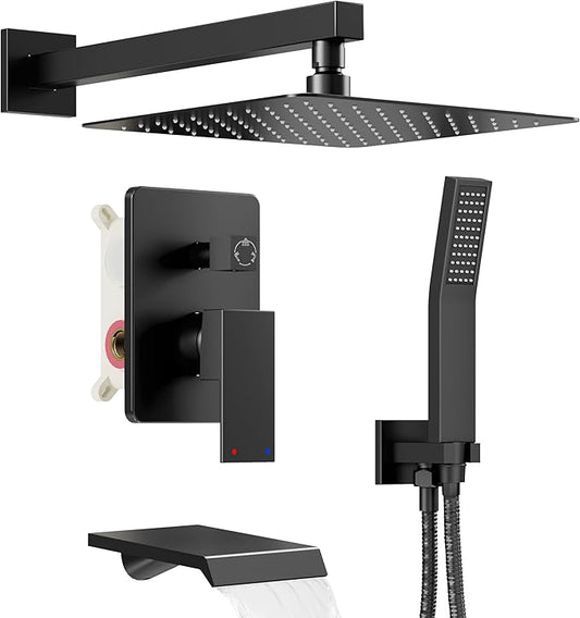 Shower System with Tub Spout, All Metal Tub Shower Faucet Set with 10'' Rain shower heads and handheld spray combo,Wall Mounted Tub Shower Systems with Valve and Trim Kit, Matte Black