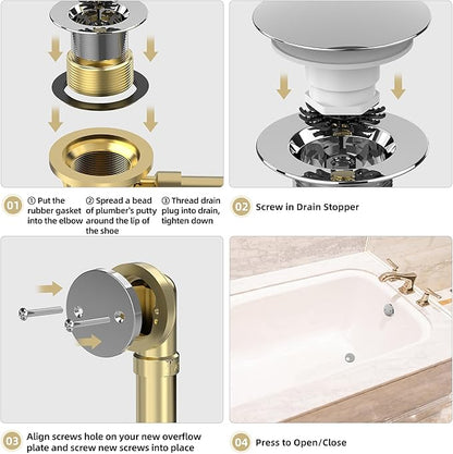 Chrome Plated Tub Drain Kit with Hair Catcher, Premium Brass Mushroom Tip-Toe Bathroom Tub Drain Replacement and 2-Hole Overflow Faceplate, 11.5/16 UNC Bathtub Drain Stopper Assembly