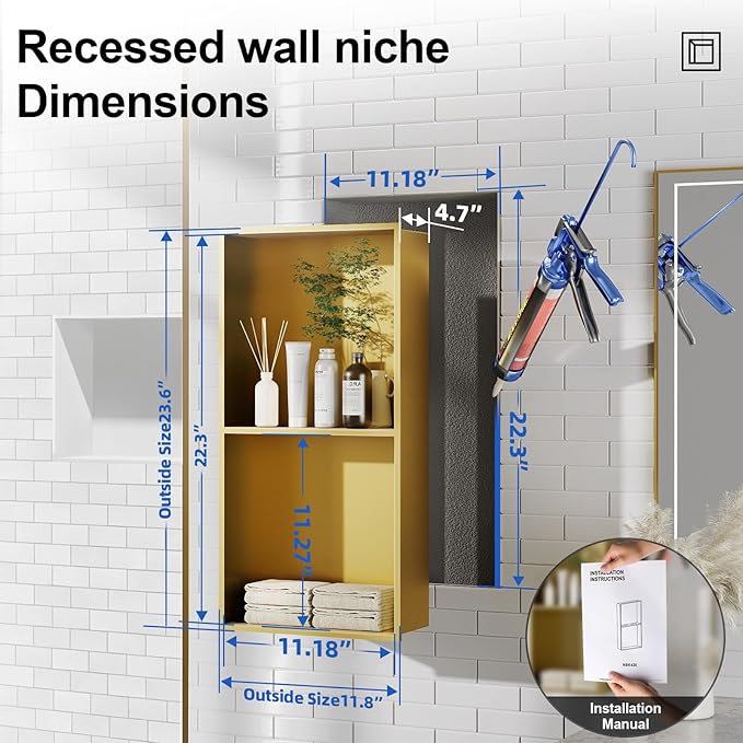 Bathbliss Shower Niche, No‑Tile Recessed Wall Niche, 11.18"x22.3" SUS304 Stainless Steel Double Shelf, Leak‑Proof Waterproof for Bathroom Storage, Brushed Gold