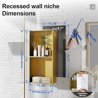 Bathbliss Shower Niche, No‑Tile Recessed Wall Niche, 11.18"x22.3" SUS304 Stainless Steel Double Shelf, Leak‑Proof Waterproof for Bathroom Storage, Brushed Gold