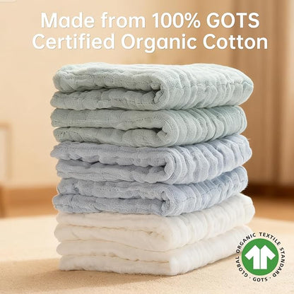 Organic Muslin Baby Washcloths 6 Pack Baby Bath Face Towel 12x12 Inch Extra Absorbent and Soft Burp Cloth and Wash Cloths for Newborn-Infants On Sensitive Skin (White Blue Green)