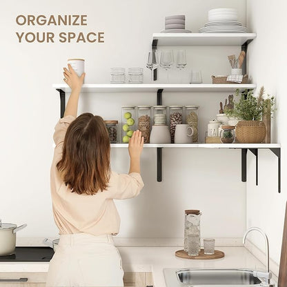 Fun Memories Floating Shelves for Wall, 12 Inch Deep Floating Shelves Set of 2, Wall Mounted Shelf with Metal Brackets, Rustic Wood Wide Shelf for Bathroom, Kitchen and Living Room, White, 55W x 12D