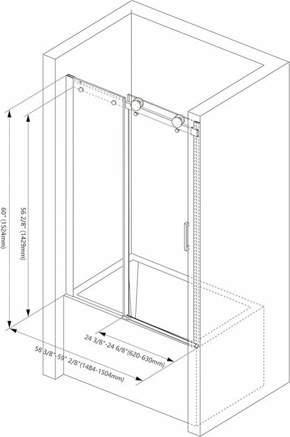 Sunrosa Semi-Frameless Tub Shower Door, 59-2/8"W 60" H Single Sliding Door With Tempered Glass 5/16"(8mm) for Bathtub in Brushed Gold
