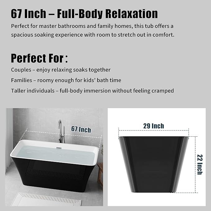 Freestanding Bathtub – 59 Inch Acrylic Soaking Bathtub, Black & White Free Standing Tub with Integrated Overflow & Pre-Installed Drain, Modern Freestanding Tub for Relaxing Home Bathrooms