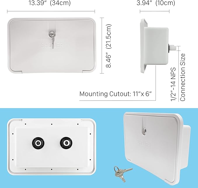 RV Outdoor Shower Exterior Shower Box Kit, Easy Install RV Outdoor Shower with Leak-Proof Coiled Hose, Direct Replacement for Campers, Van, Travel Trailer, Motorhome and Boat, White