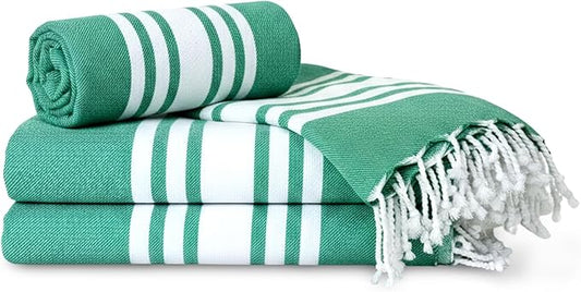 Turkish Cotton Beach Towel Pack of 4 & 1 Boho Tote Bag - Hammam Towels - No Shrink - Quick Dry - Lightweight - Sand Free - Camping - Pool - Tanning - Beach Essentials - Green (40"x70")