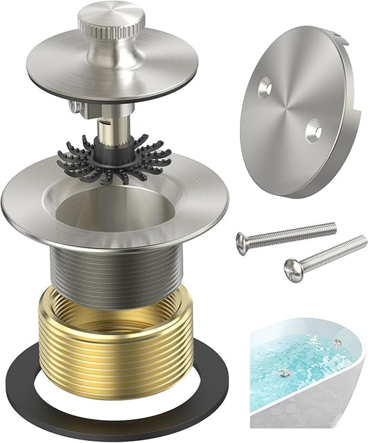 Brushed Nickel Bathtub Drain, Hair Catcher and 2-Hole Overflow Faceplate, 11.5/16 UNC, Lift and Turn Bathtub Drain Replacement, Tub Drain Stopper