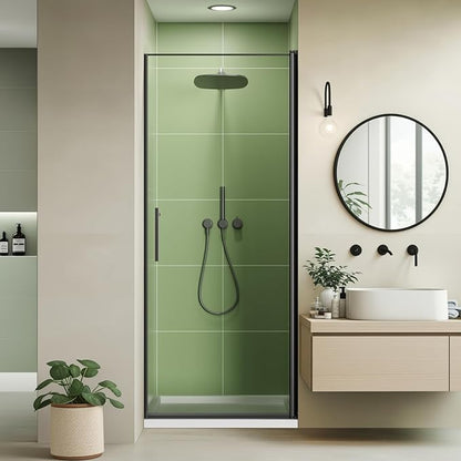 30" Wx72 H Frameless Reversible Pivot Shower Door, 1/4" Clear SGCC Tempered Glass & Shatter Proof Film, 304 Stainless Steel Hardware, Water Protection Seal Stripes Plus Glass-Fixing Aluminum Stripe
