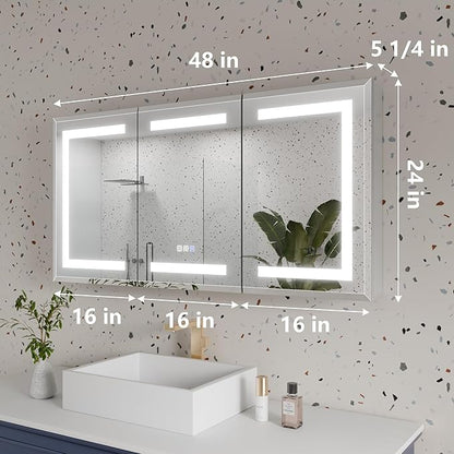 GroGro LED Lighted Bathroom Medicine Cabinet with Mirror, 48" W x 24" H Beveled Edge Medicine Cabinet with Lights,Surface or Recessed Mounting,Defog,Dimming,3-Color Temperature Adjustment