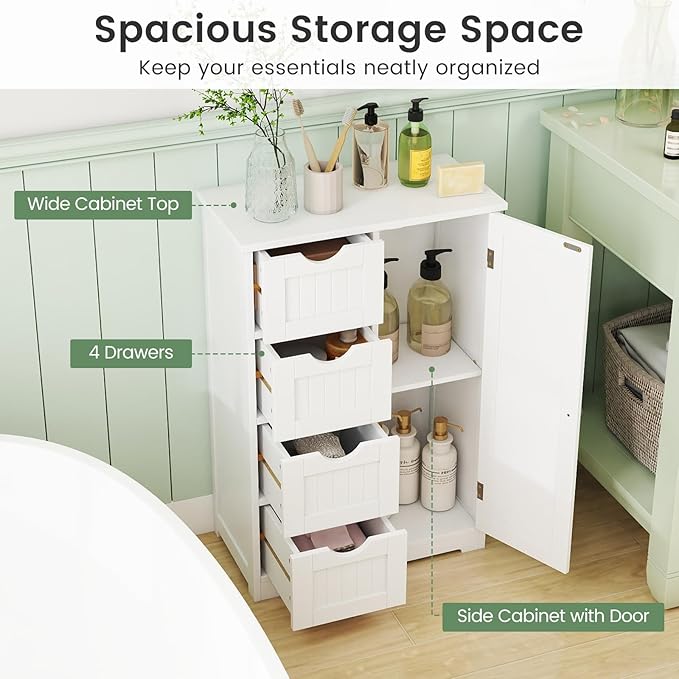 Tangkula Bathroom Floor Cabinet, Freestanding Storage Cabinet with 4 Drawers & Single Door, Adjustable Shelf, Multipurpose Bathroom Storage for Home Office, 21.5 x 12 x 32.5 Inches (White)