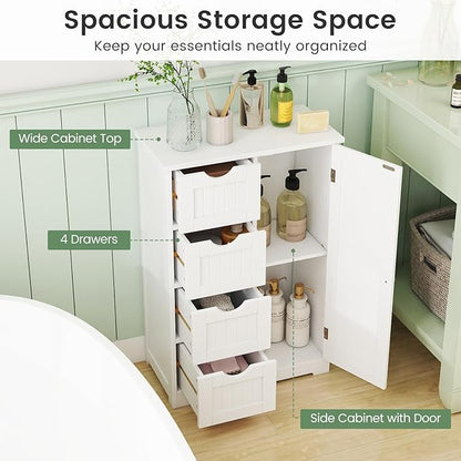 Tangkula Bathroom Floor Cabinet, Freestanding Storage Cabinet with 4 Drawers & Single Door, Adjustable Shelf, Multipurpose Bathroom Storage for Home Office, 21.5 x 12 x 32.5 Inches (White)