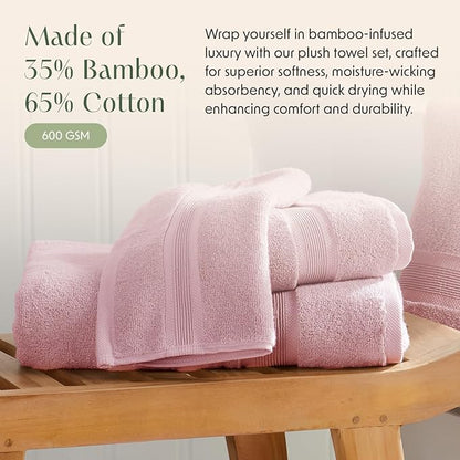 Springtree Home Luxury Bamboo Rayon Bath Towel Set of 4 | 35% Bamboo Rayon - 65% Cotton | Absorbent Quick-Dry Towels for Bathroom | Oeko-TEX Standard 100 Cotton | Pink Shadow