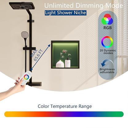 RGB LED Light Shower Niche, Matte Black 12X12 in Stainless Steel Recessed Storage with Remote Control, Waterproof No Tile Needed Wall Niche for Bathroom Storage Built-in Installation