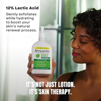 AmLactin Daily Nourish Therapeutic Body Lotion for Dry Skin - No-Scrub Exfoliator and Moisturizer 12% Lactic Acid Lotion, 14.1 oz (Packaging May Vary)