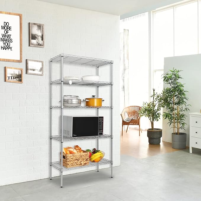 5 Tier Storage Racks Shelving, Heavy Steel Pantry Shelves, Adjustable Wire Shelving Rack, Suitable for Garage, Kitchen, Bathroom, Office, 24" W x 14" D x 59" H, Chrome