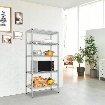 5 Tier Storage Racks Shelving, Heavy Steel Pantry Shelves, Adjustable Wire Shelving Rack, Suitable for Garage, Kitchen, Bathroom, Office, 24" W x 14" D x 59" H, Chrome