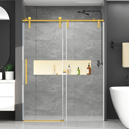 Chabatree Shower Door 60" W x 76" H Frameless Sliding Shower Door,Frameless Shower Door with Sealing Strip and Waterproof Handle,5/16"(8mm) Clear Tempered Glass,Stainless Steel Hardware,Golden