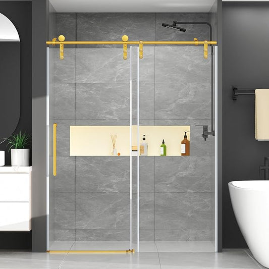Chabatree Shower Door 60" W x 76" H Frameless Sliding Shower Door,Frameless Shower Door with Sealing Strip and Waterproof Handle,5/16"(8mm) Clear Tempered Glass,Stainless Steel Hardware,Golden