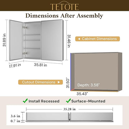TETOTE 36 x 32 Bathroom Mirror Cabinet with Tempered Beveled Mirror Silver Medicine Cabinet Aluminum Cabinet DTC Hinges, Stepless Adjustable Shelves, Recessed/Surface-Mounted