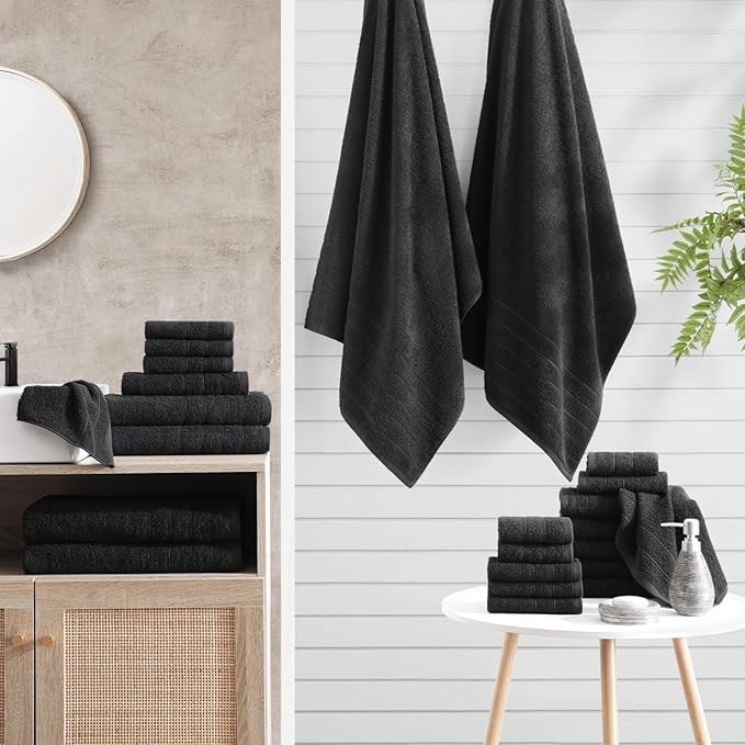 Casa Platino 100% Cotton Bathroom Towels Set - 24 Pcs - Ring Spun, Quick Dry, Soft & Absorbent - 2 Bath Sheets, 2 Gym, 2 Bath, 4 Fingertip, 6 Hand Towels, 8 Washcloths - Pre Shrunk - Black Towel Set